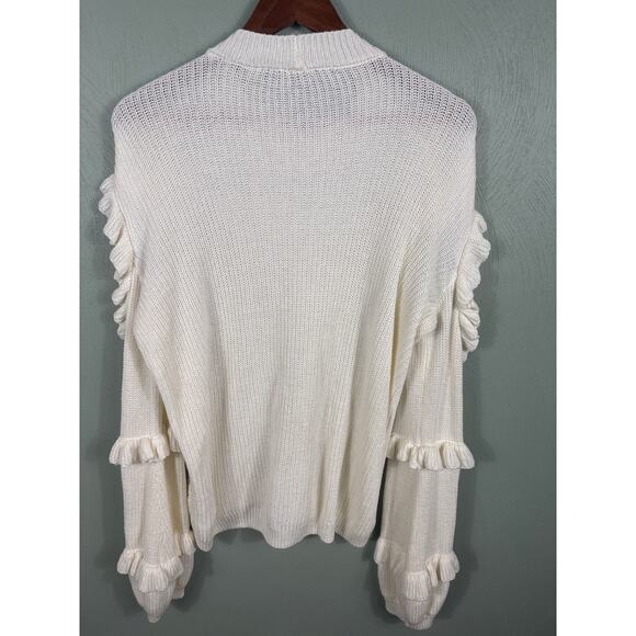 Express Pullover Sweater Women Size Medium Ivory Cold Shoulder Cable Knit Ruffle - Picture 10 of 11